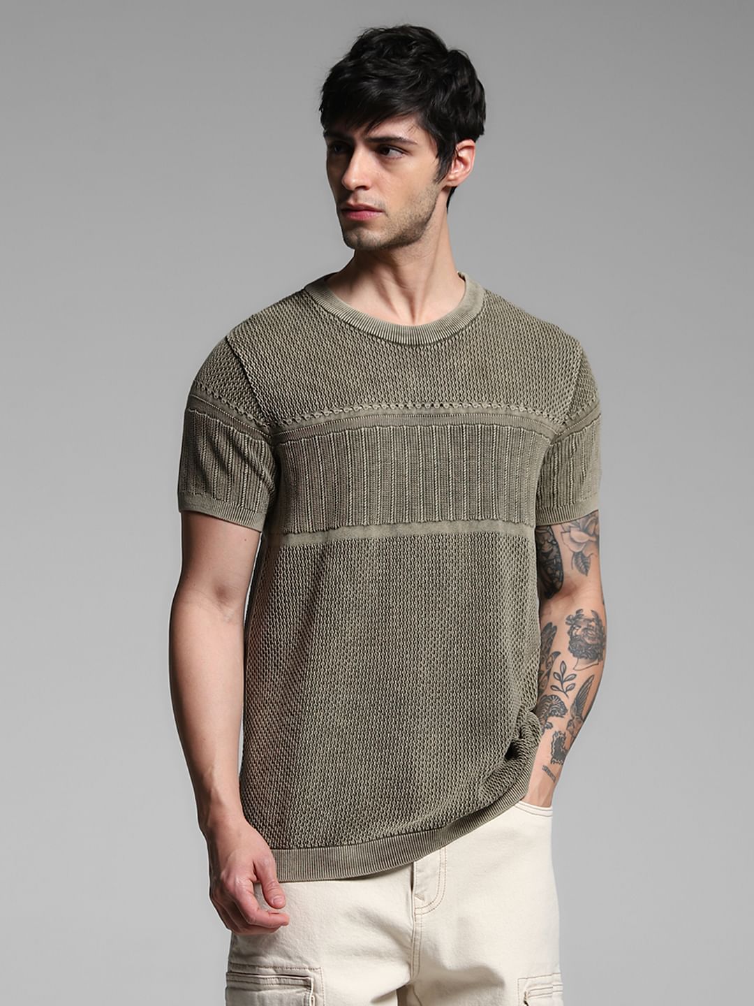 Green Jacquard Crew Neck Pullover