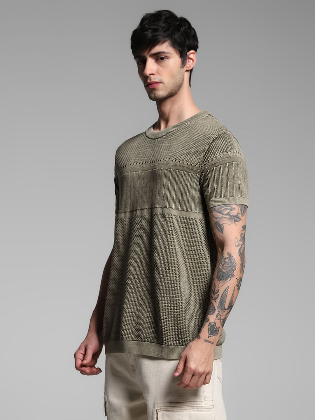 Green Jacquard Crew Neck Pullover
