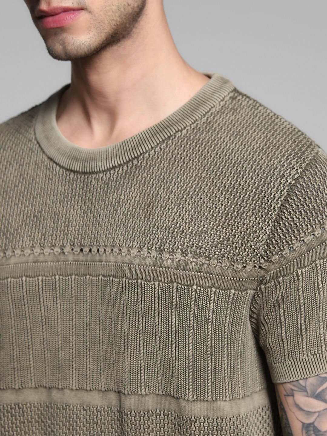 Green Jacquard Crew Neck Pullover