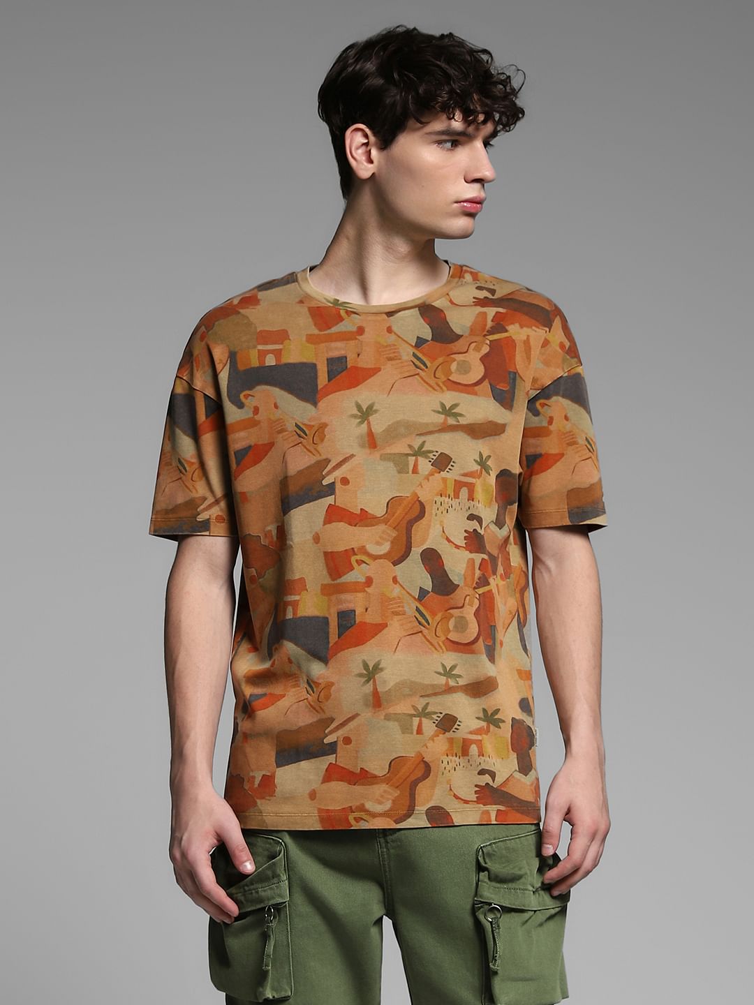 Brown Printed Cotton Oversized T-shirt