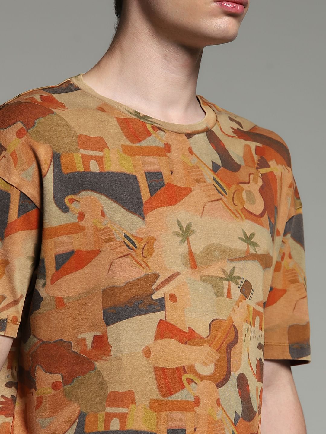Brown Printed Cotton Oversized T-shirt