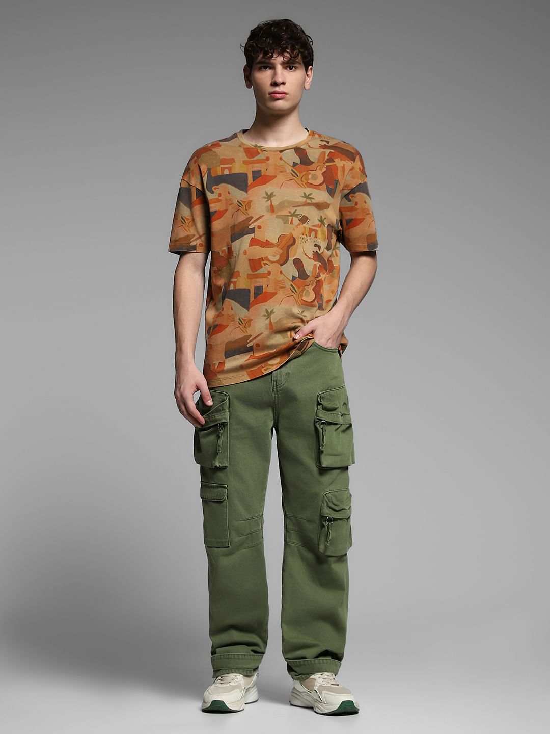 Brown Printed Cotton Oversized T-shirt
