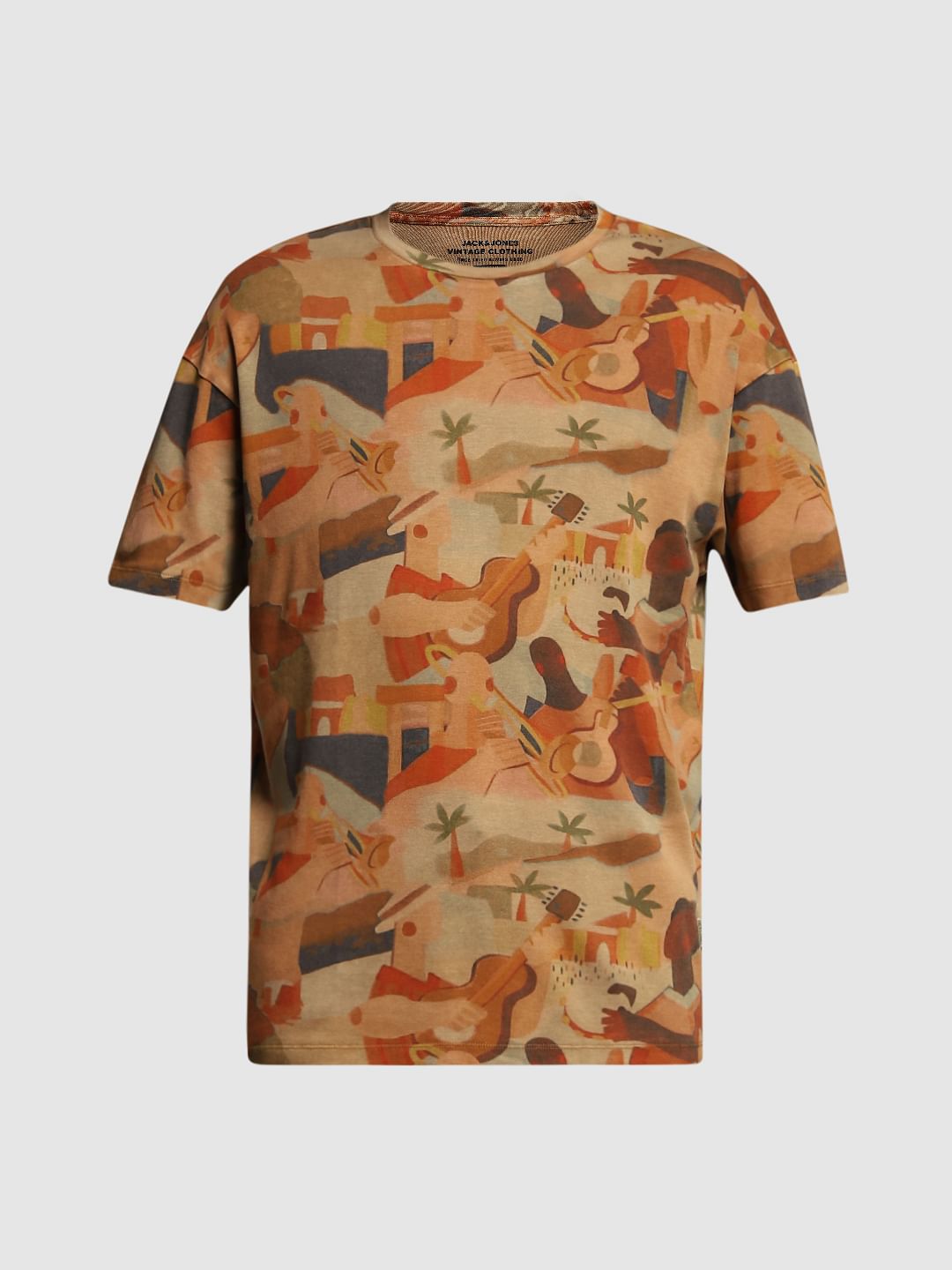 Brown Printed Cotton Oversized T-shirt