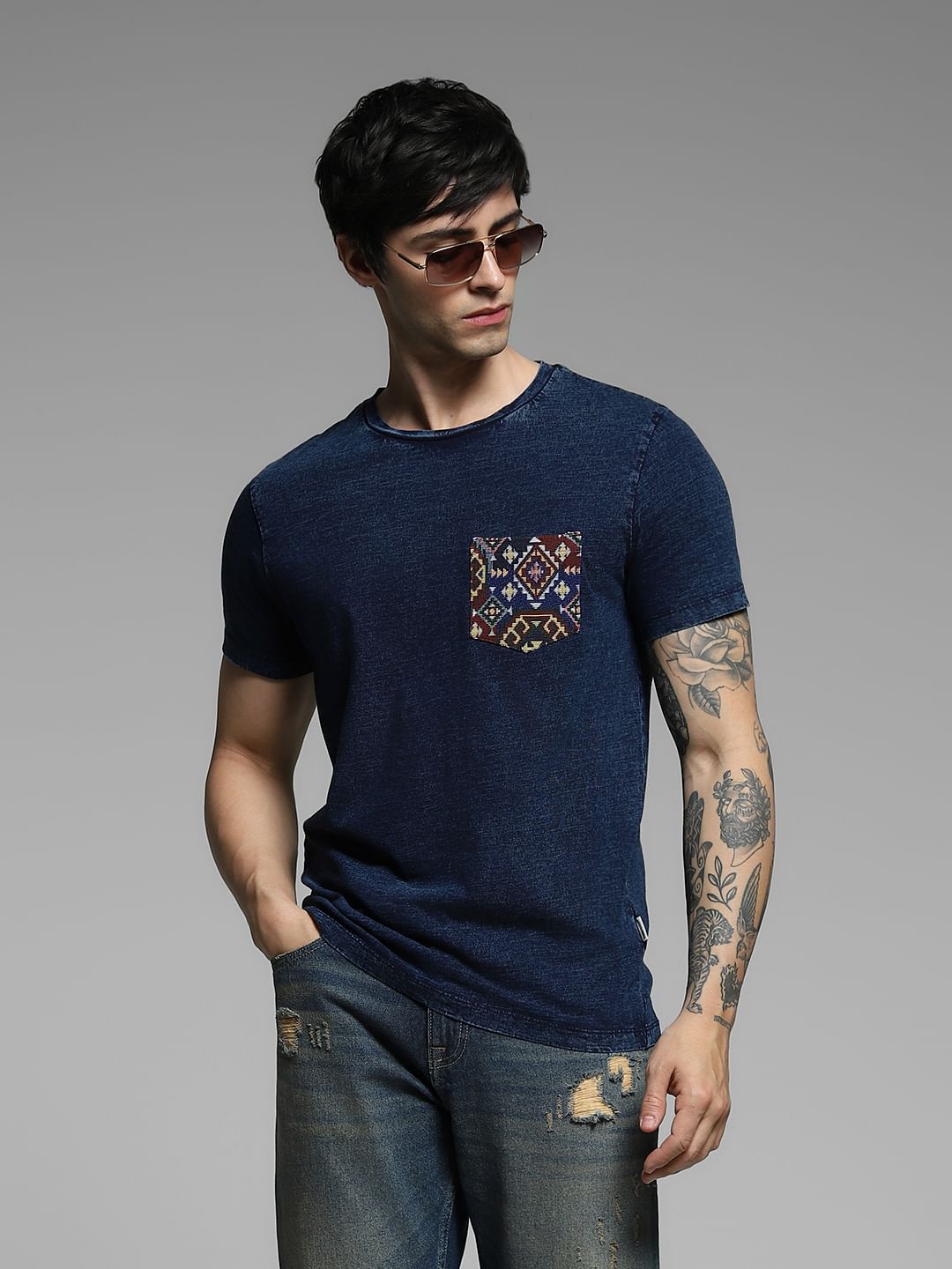 Blue Printed Pocket Cotton T-shirt