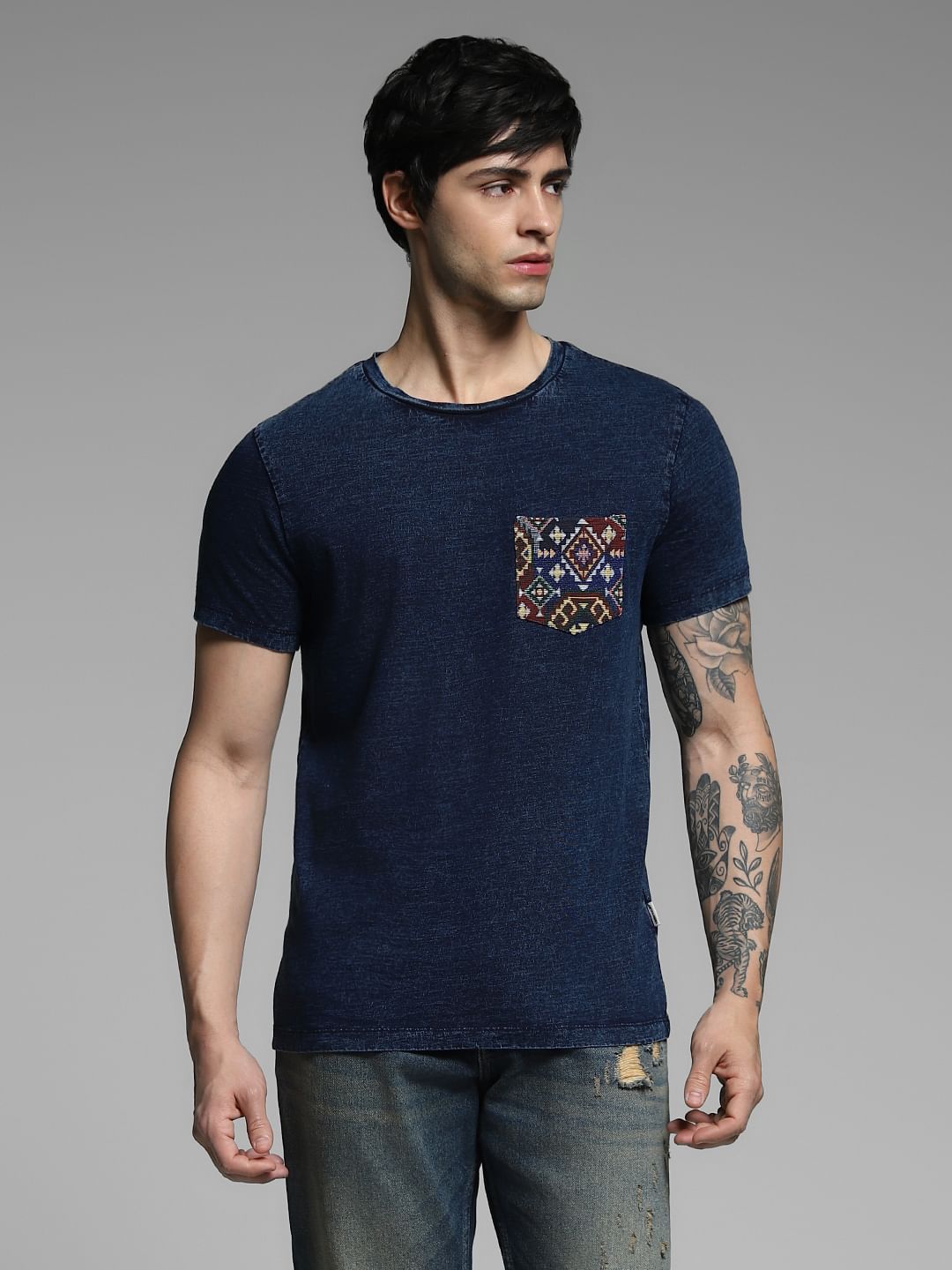 Blue Printed Pocket Cotton T-shirt