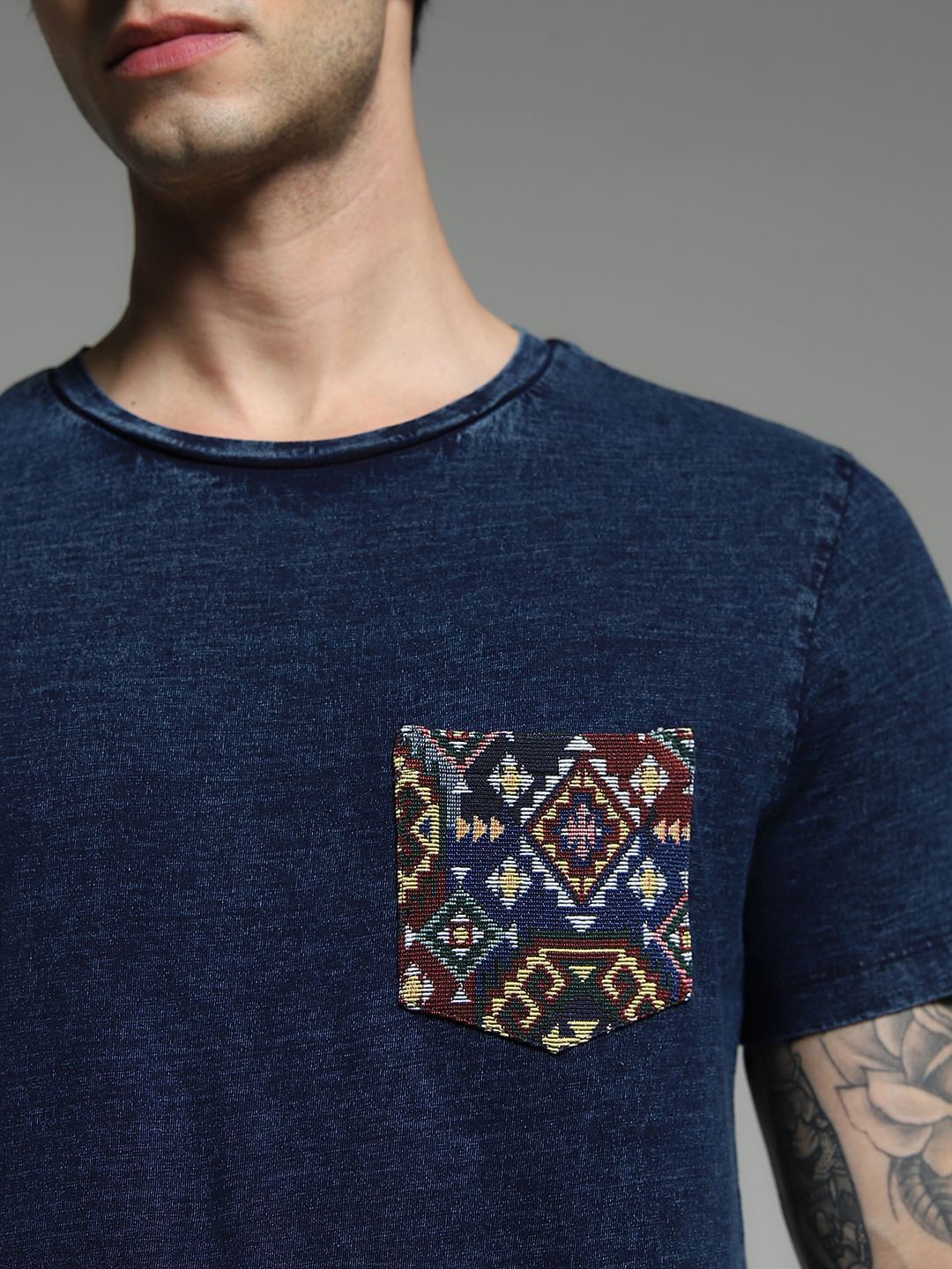 Blue Printed Pocket Cotton T-shirt