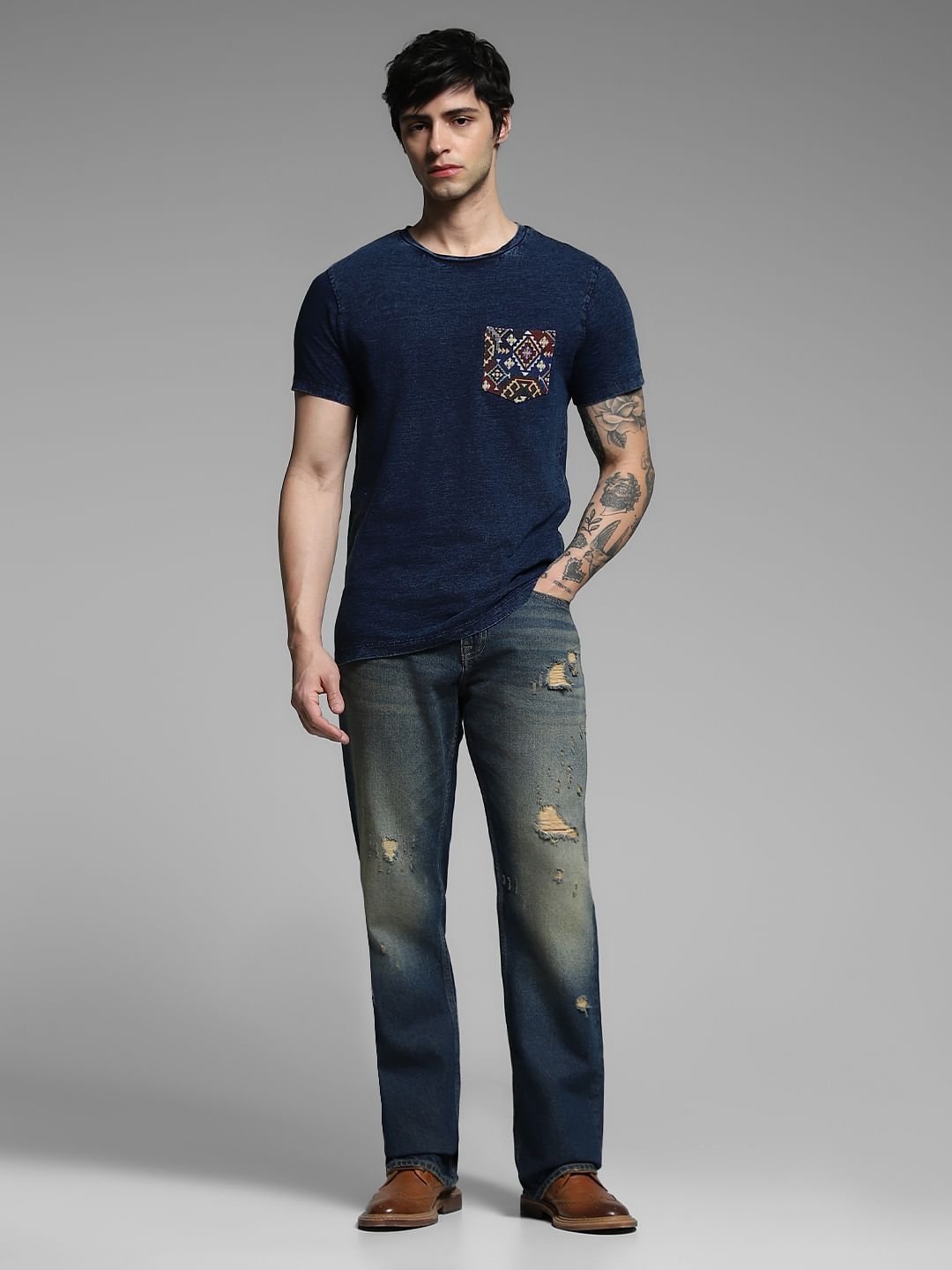 Blue Printed Pocket Cotton T-shirt