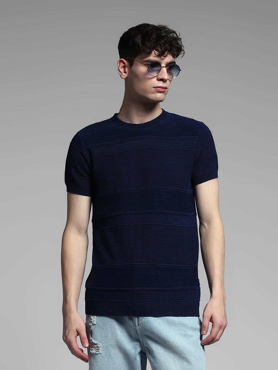 Blue Striped Knitted Crew Neck T-shirt