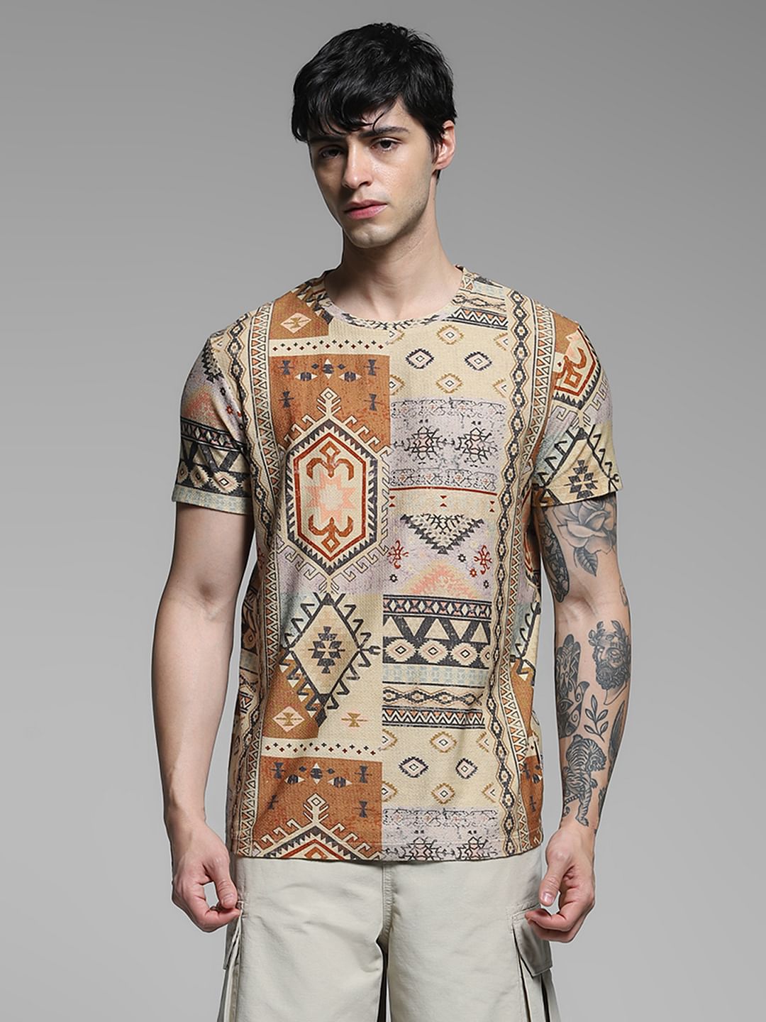 Brown Printed Cotton T-shirt