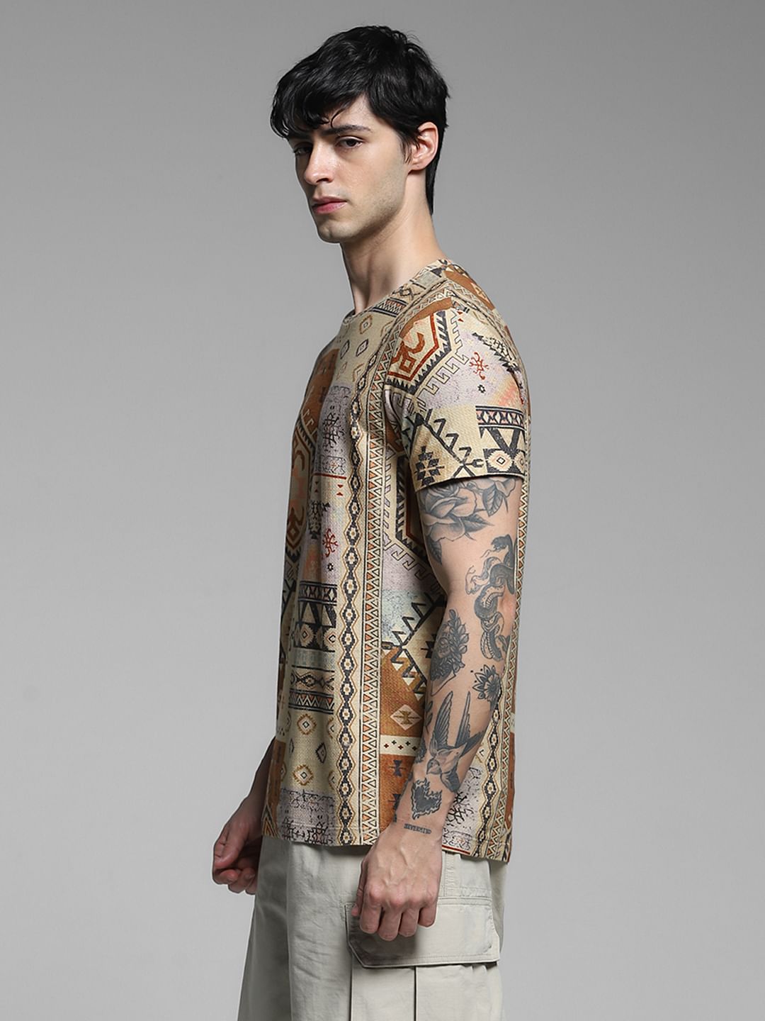 Brown Printed Cotton T-shirt