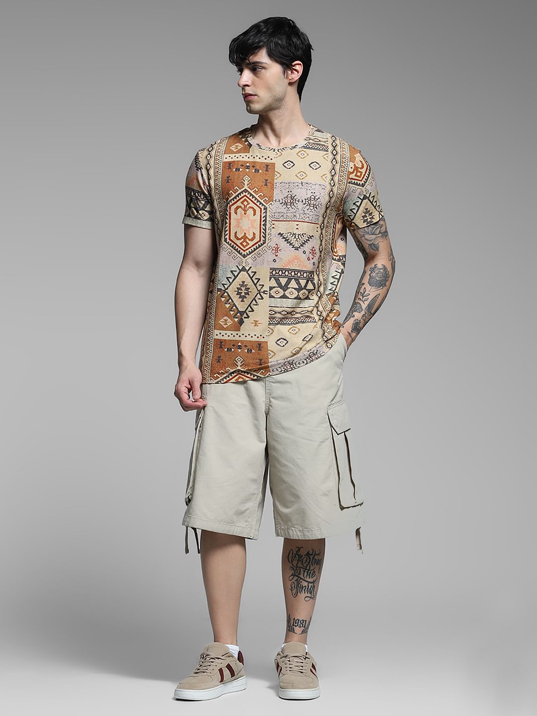 Brown Printed Cotton T-shirt