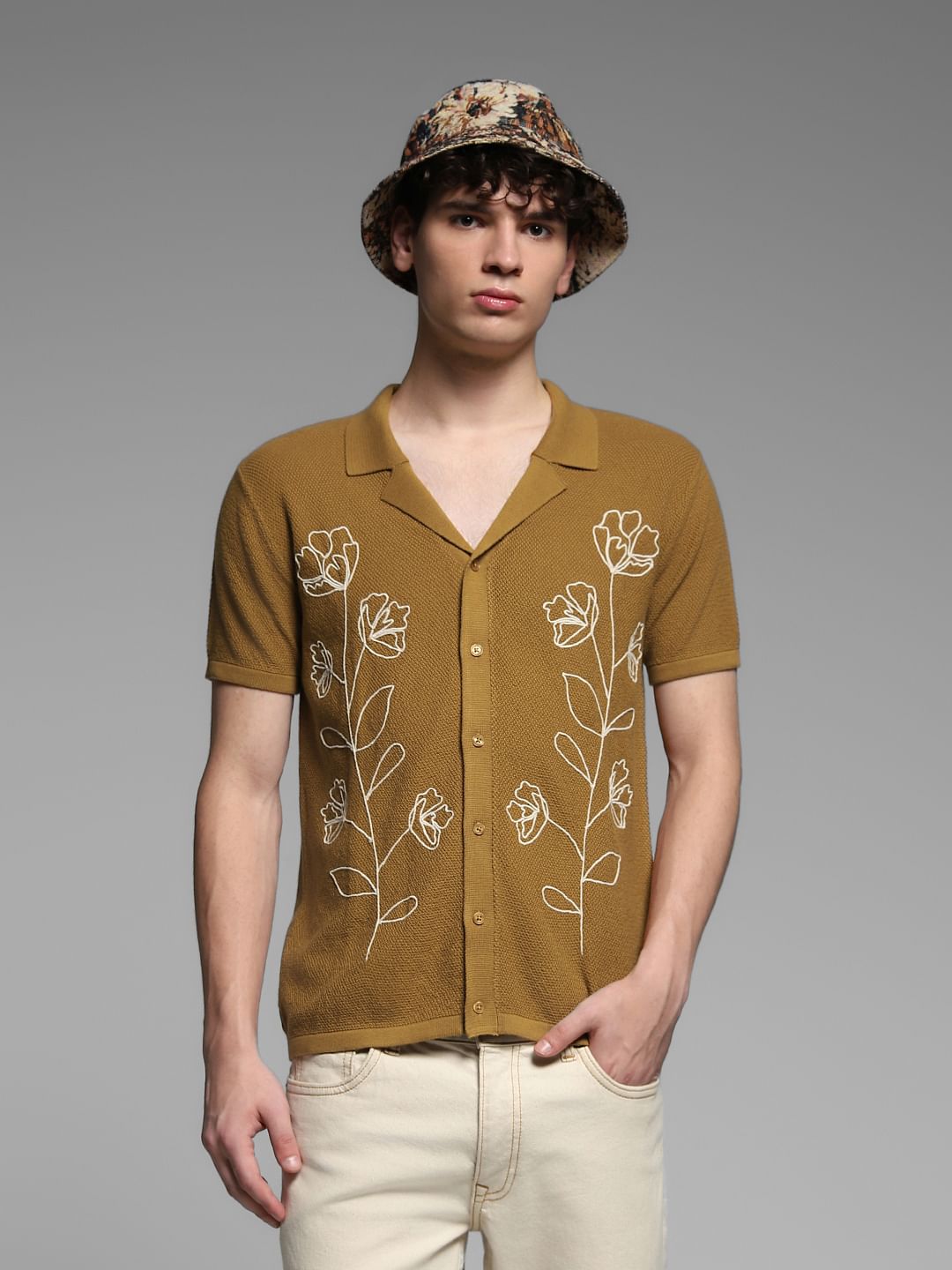 Brown Printed Front Open Pullover