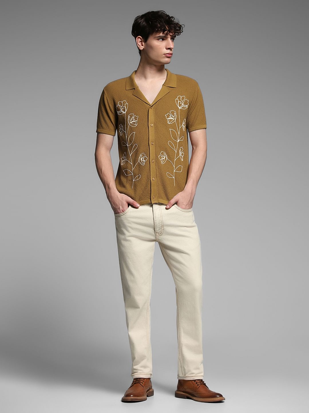 Brown Printed Front Open Pullover