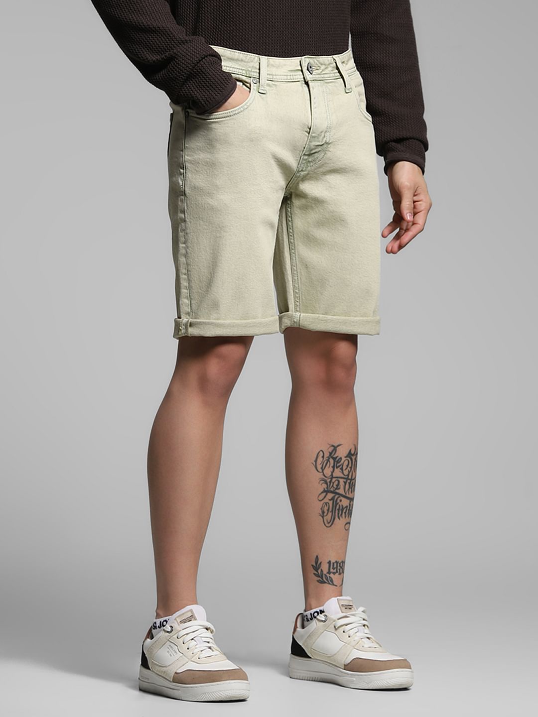 Green Mid Rise Denim Shorts