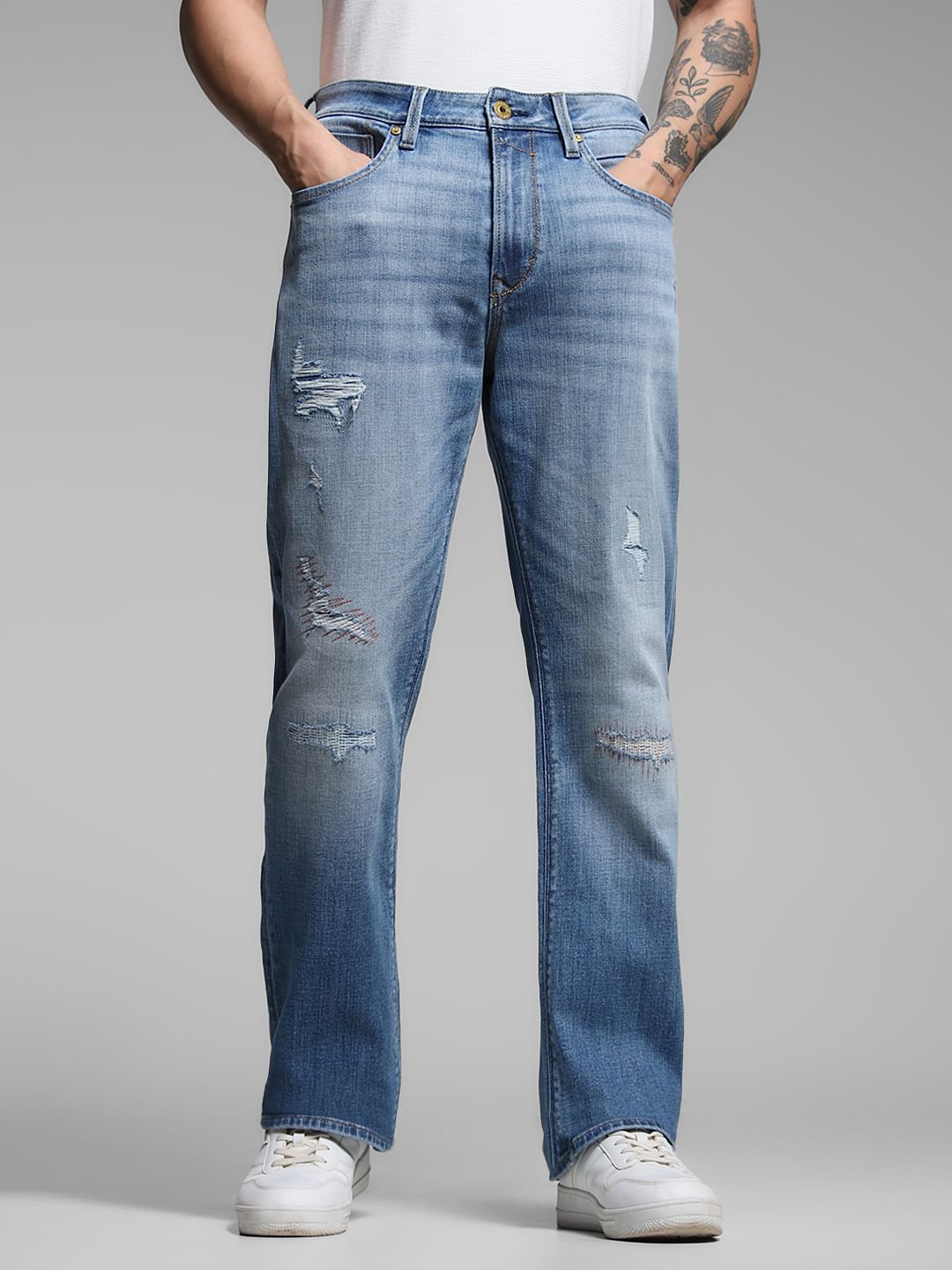 Light Blue High Rise Distressed Bootcut Jeans