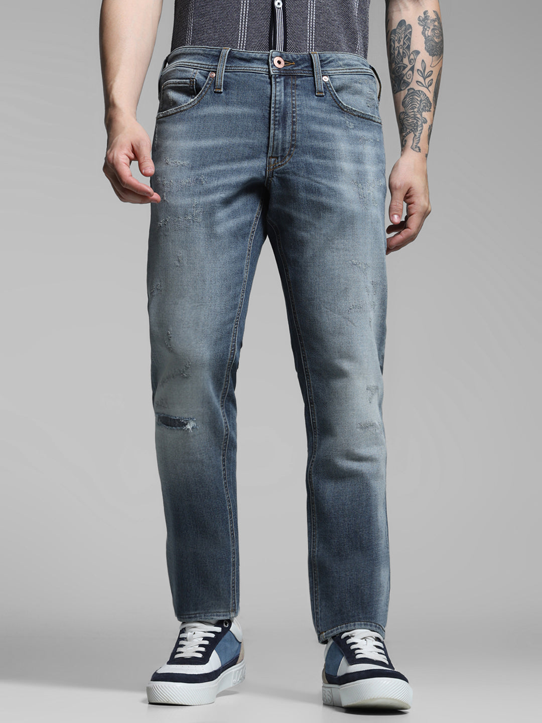 Men's Slim Fit Low Rise Distressed Blue Denim Jeans