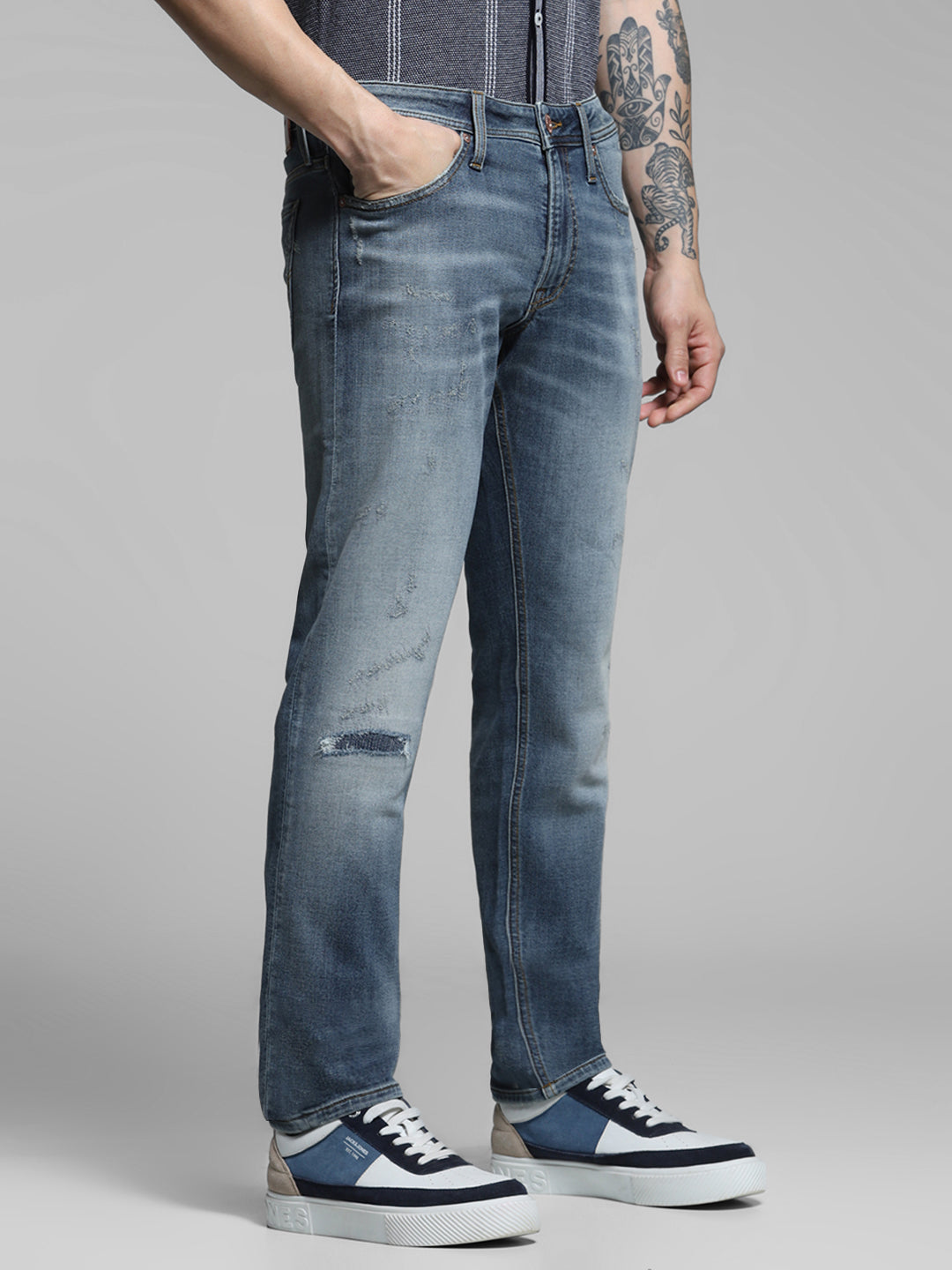 Men's Slim Fit Low Rise Distressed Blue Denim Jeans