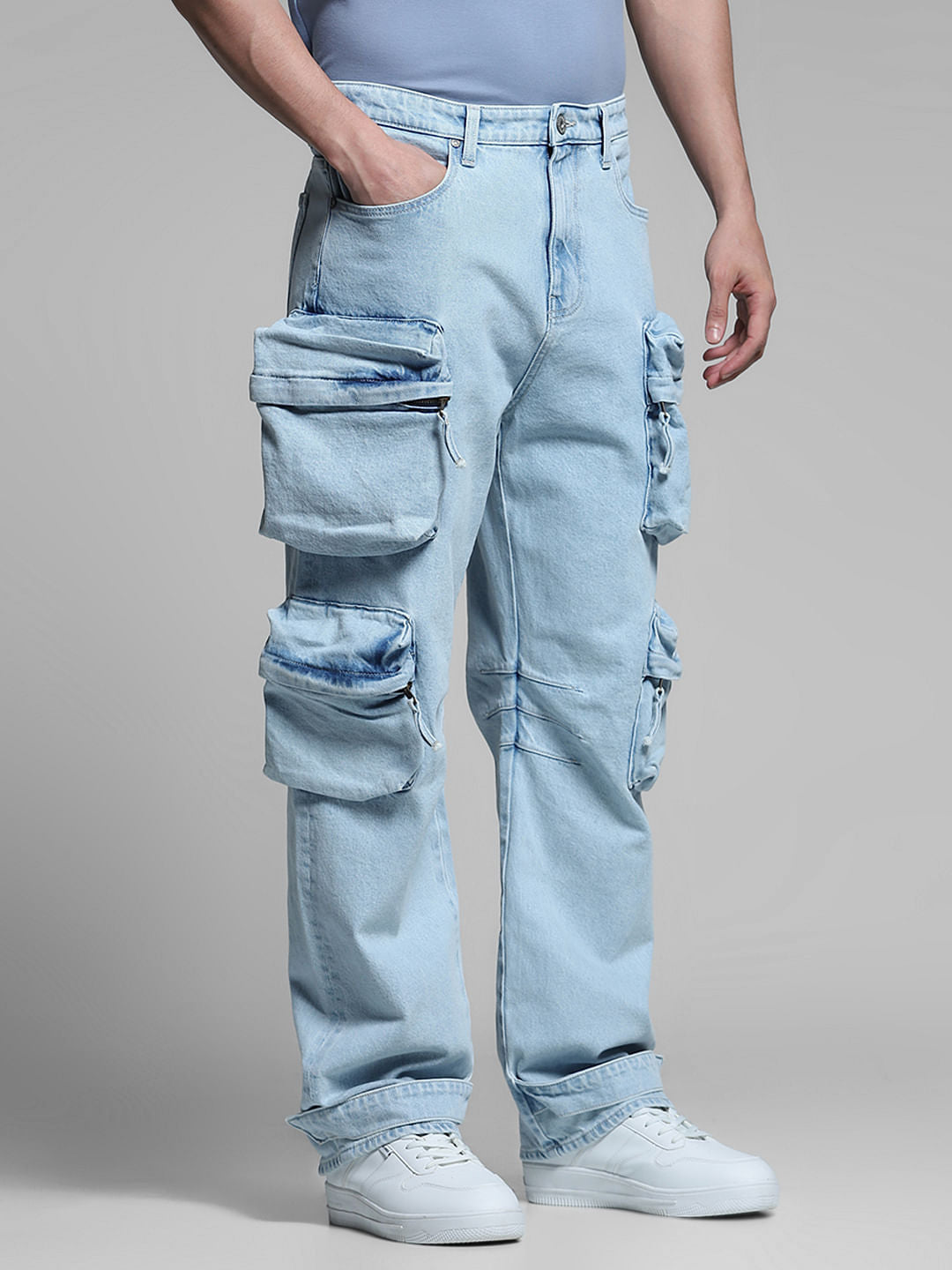 Light Blue Oversized Pockets Loose Fit Jeans