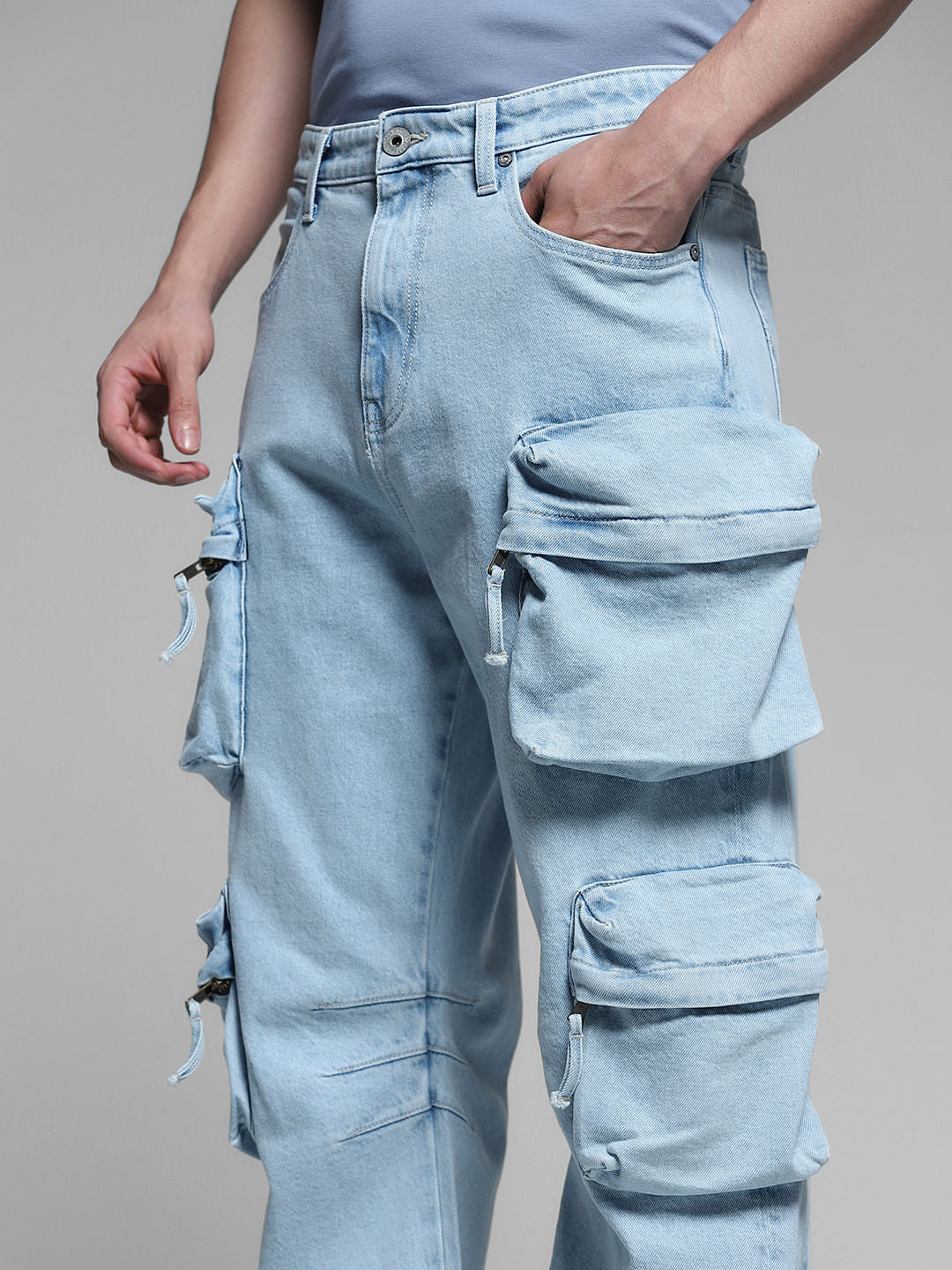 Light Blue Oversized Pockets Loose Fit Jeans