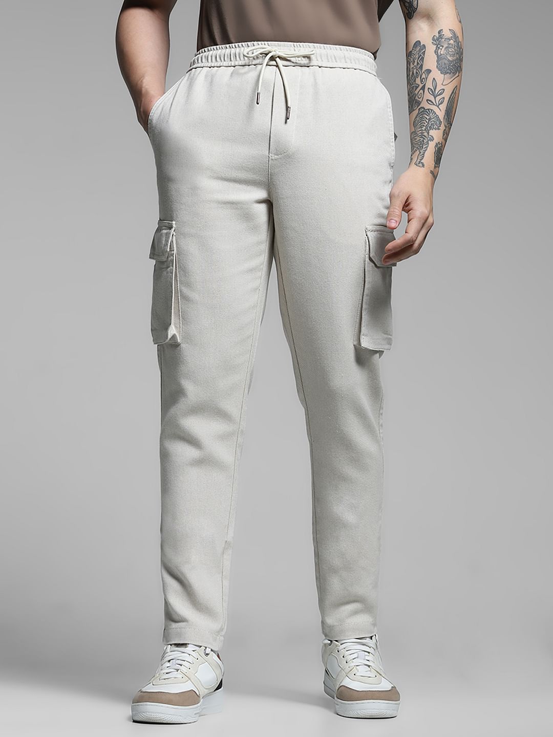 Beige Mid Rise Cargo Pants