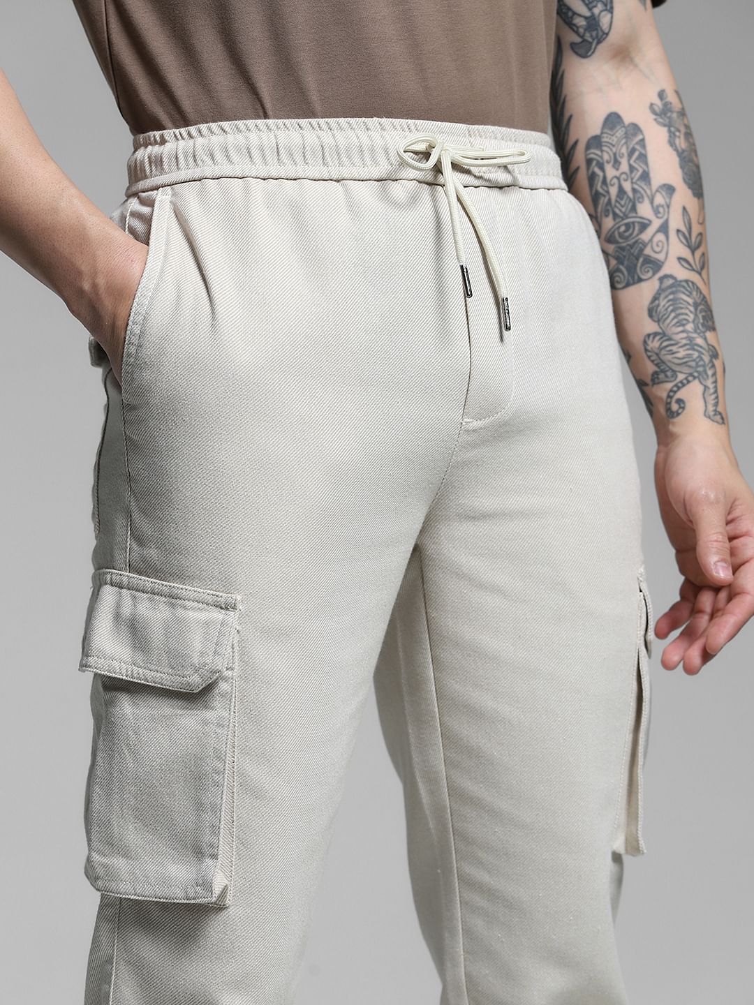 Beige Mid Rise Cargo Pants