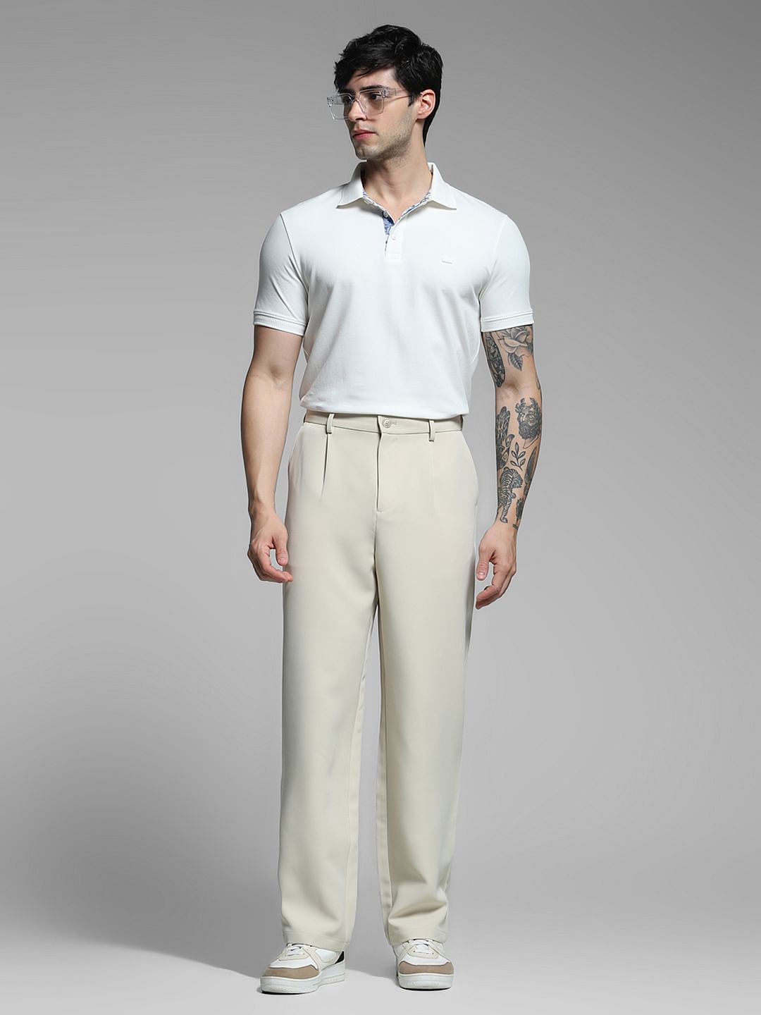 Beige High Rise Loose Fit Pants