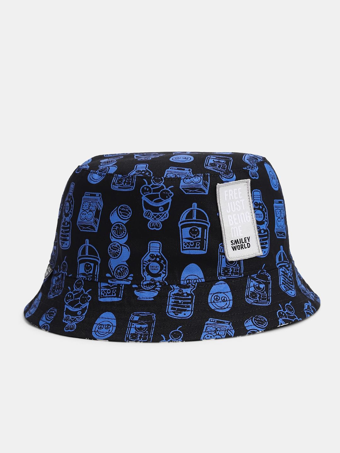 SMILEY Black Printed Reversible Bucket Hat