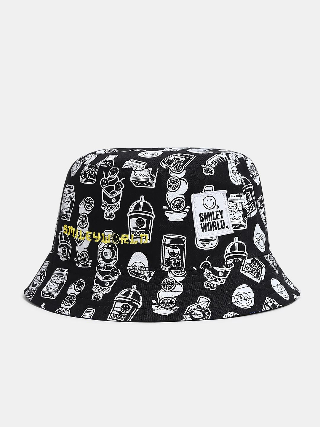 SMILEY Black Printed Reversible Bucket Hat