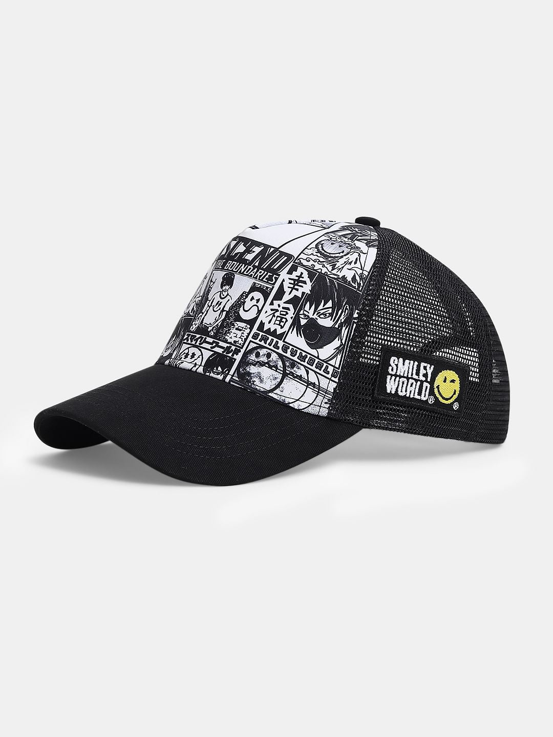 SMILEY Black Comic Strip Print Trucker Cap