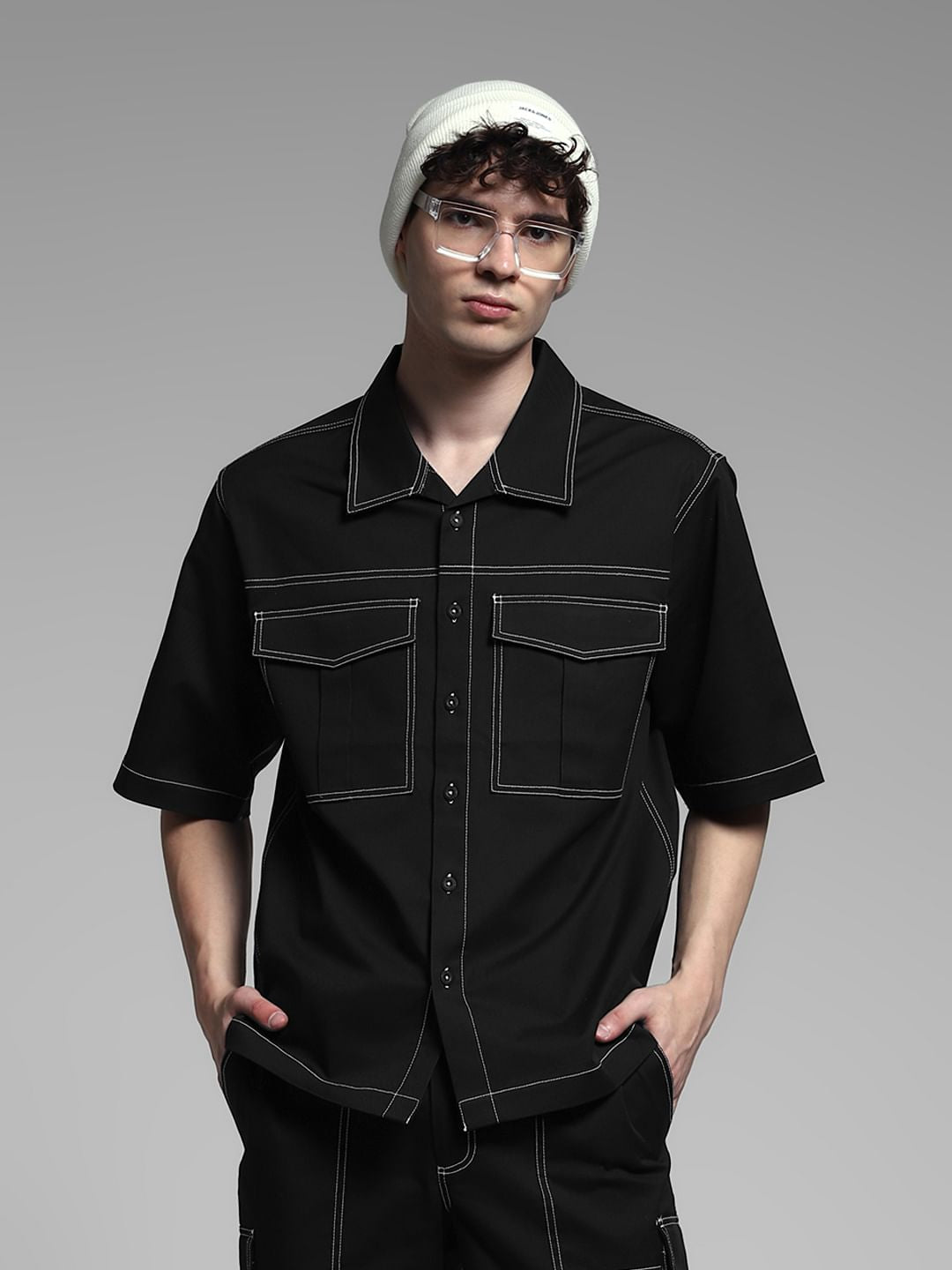 Black Contrast Stitch Co-ord Set Overshirt