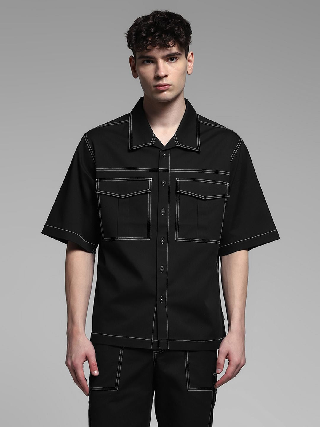 Black Contrast Stitch Co-ord Set Overshirt
