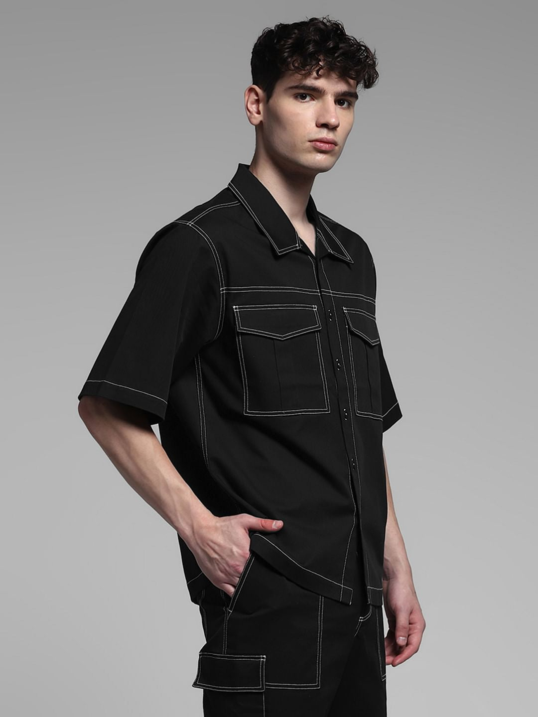 Black Contrast Stitch Co-ord Set Overshirt