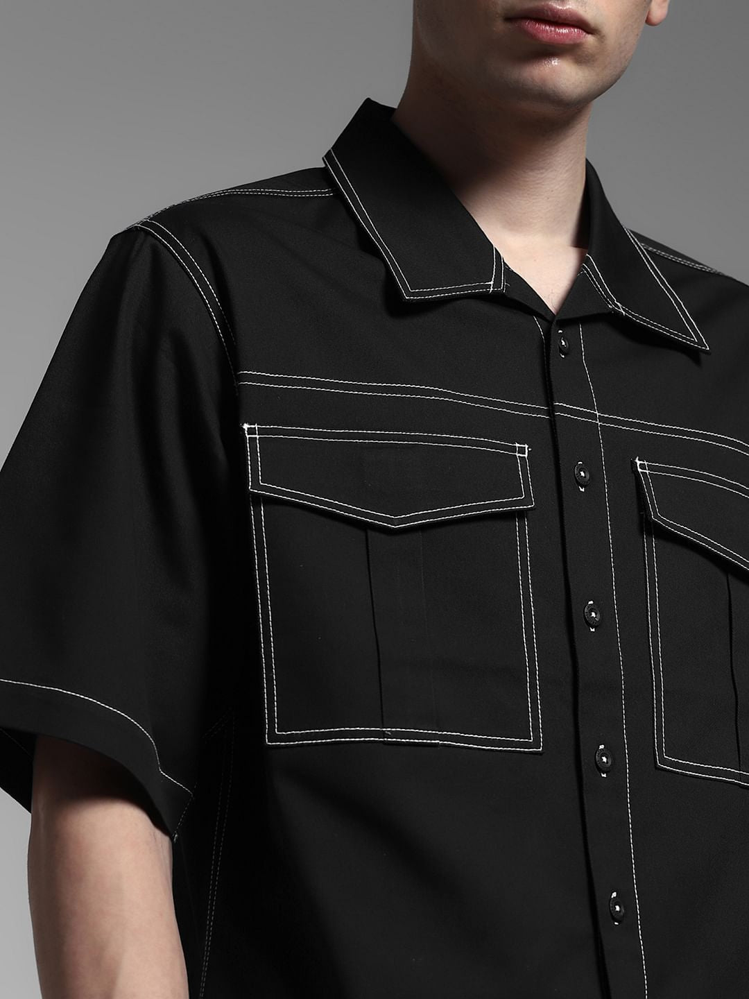 Black Contrast Stitch Co-ord Set Overshirt