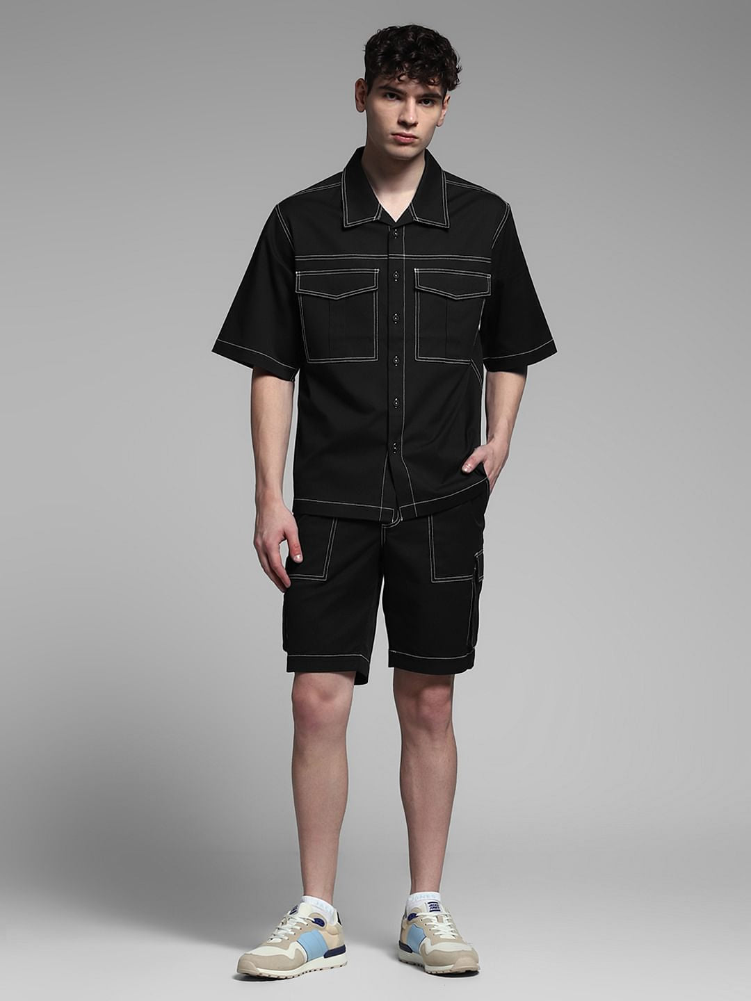 Black Contrast Stitch Co-ord Set Overshirt