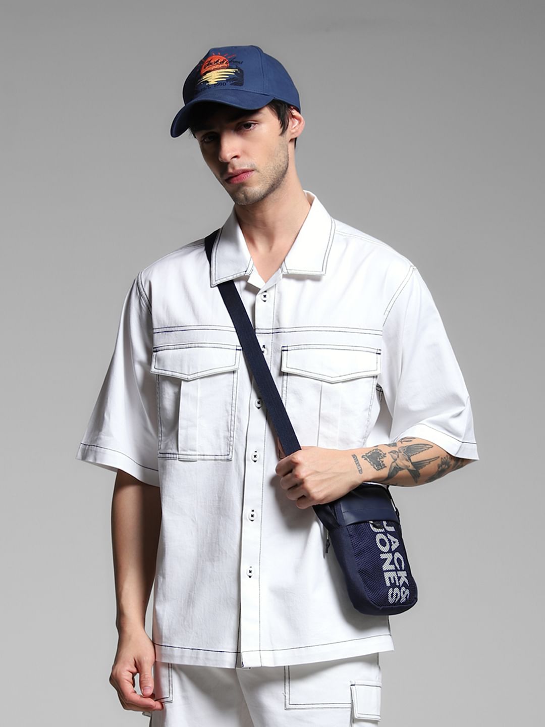 White Contrast Stitch Co-ord Set Overshirt