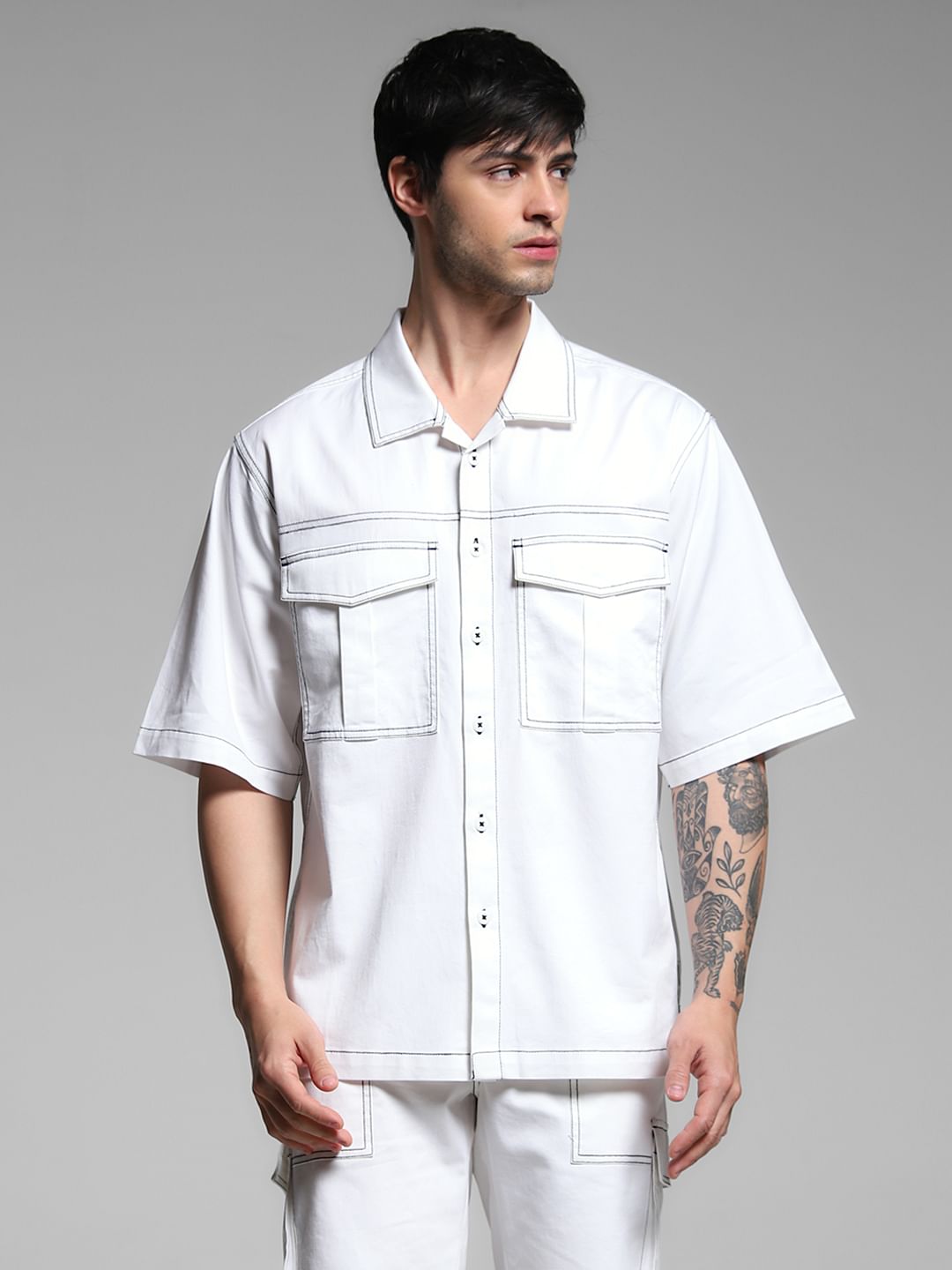 White Contrast Stitch Co-ord Set Overshirt