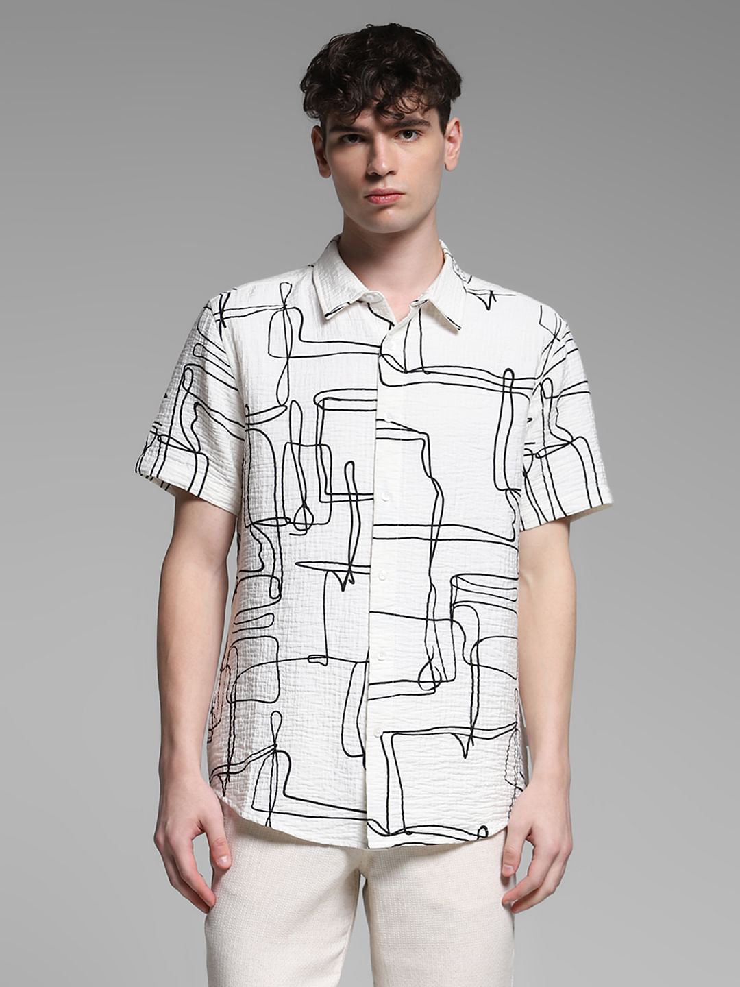 White Abstract Print Cotton Shirt