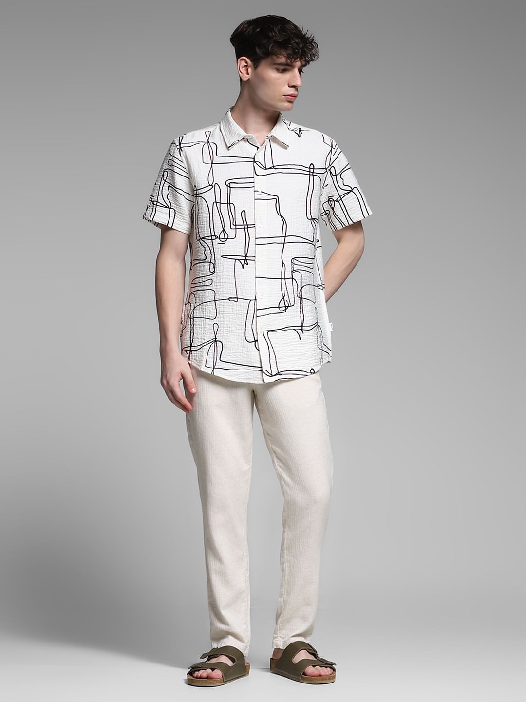 White Abstract Print Cotton Shirt