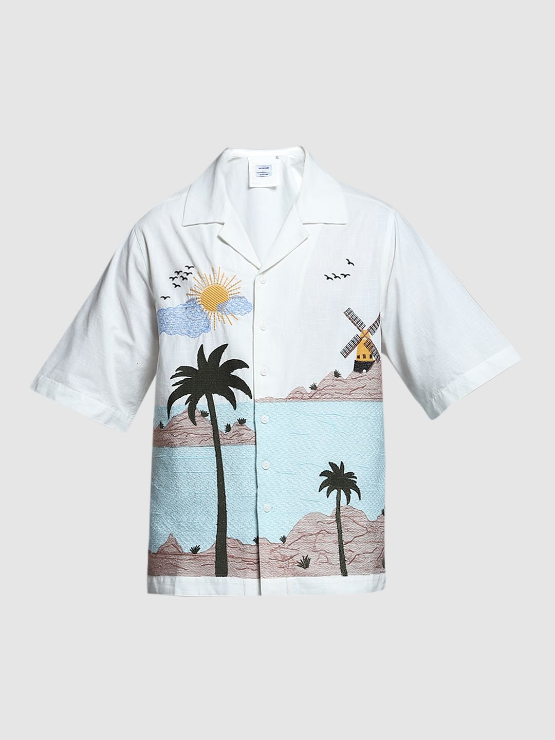 White Landscape Print Oversized Shirt