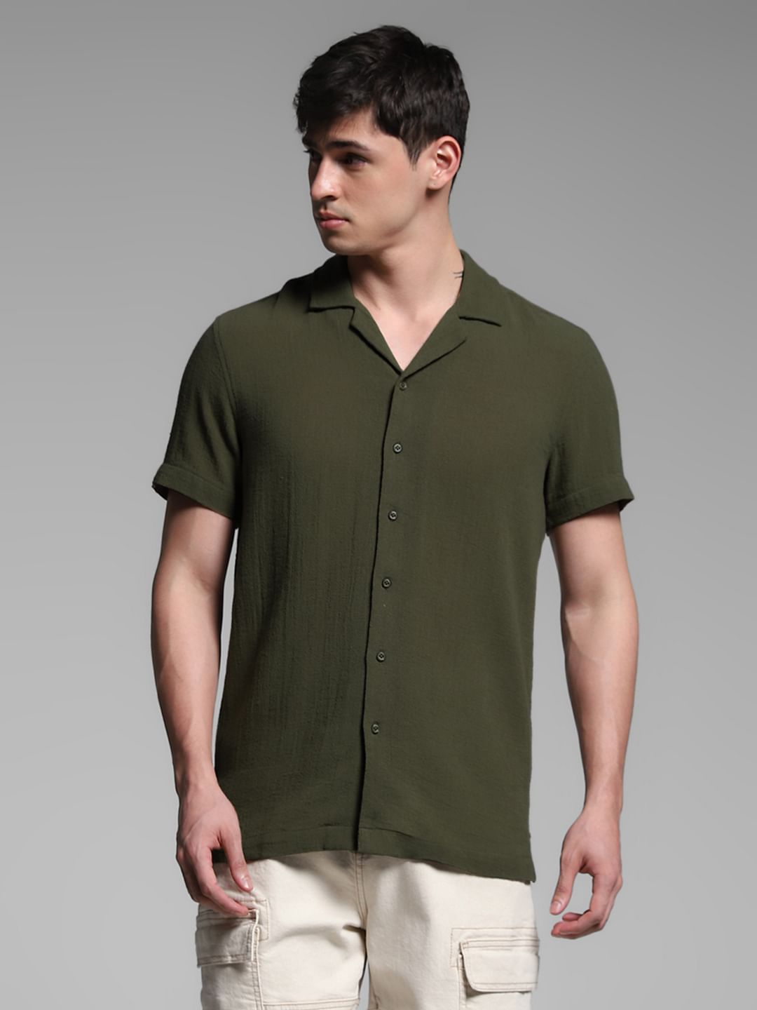 Olive Resort Collar Cotton Shirt