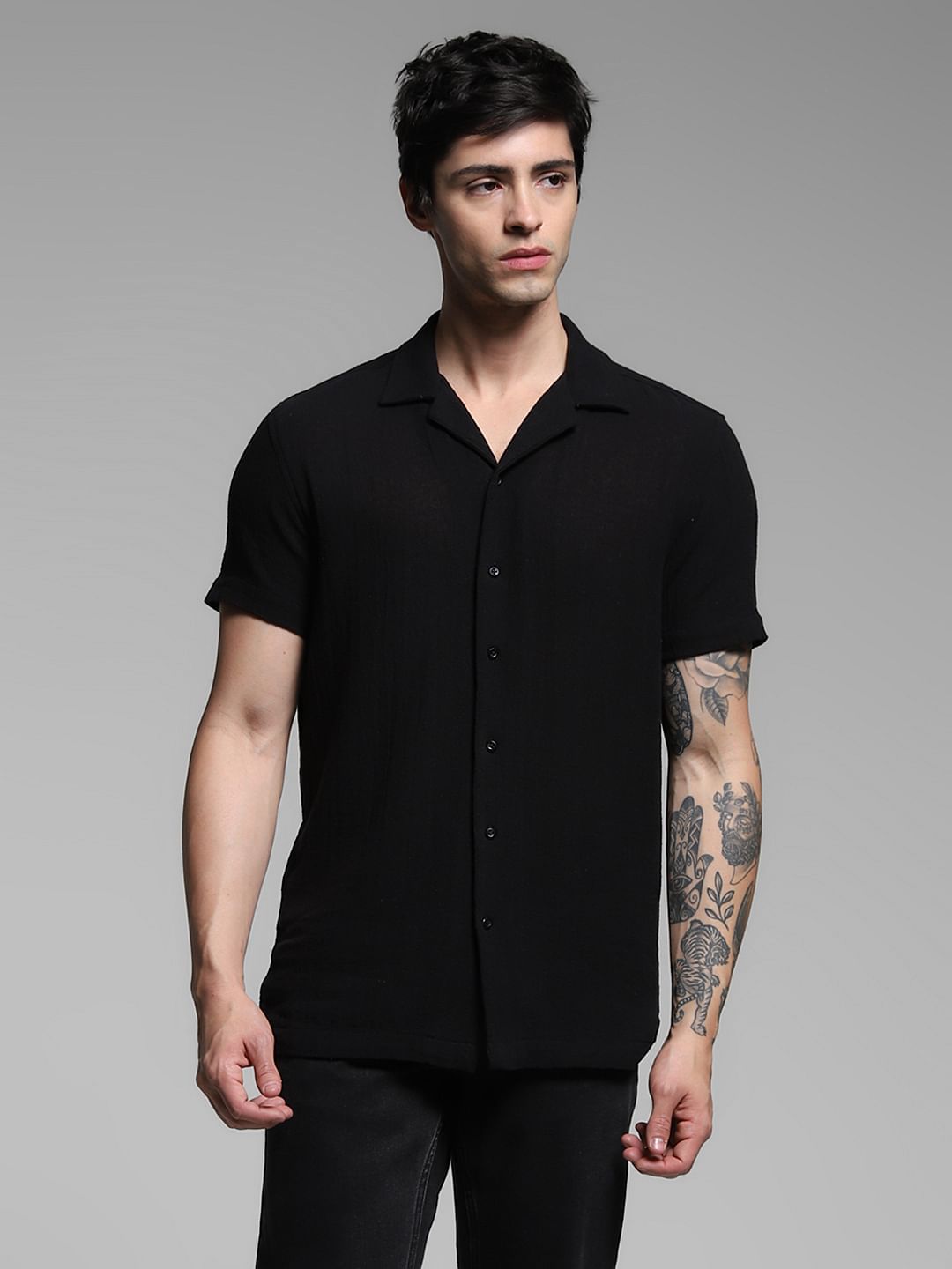Black Resort Collar Cotton Shirt