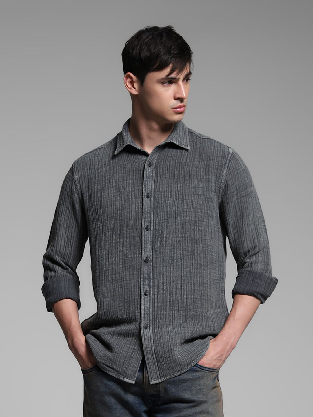 Grey Acid Washed Cotton Shirt