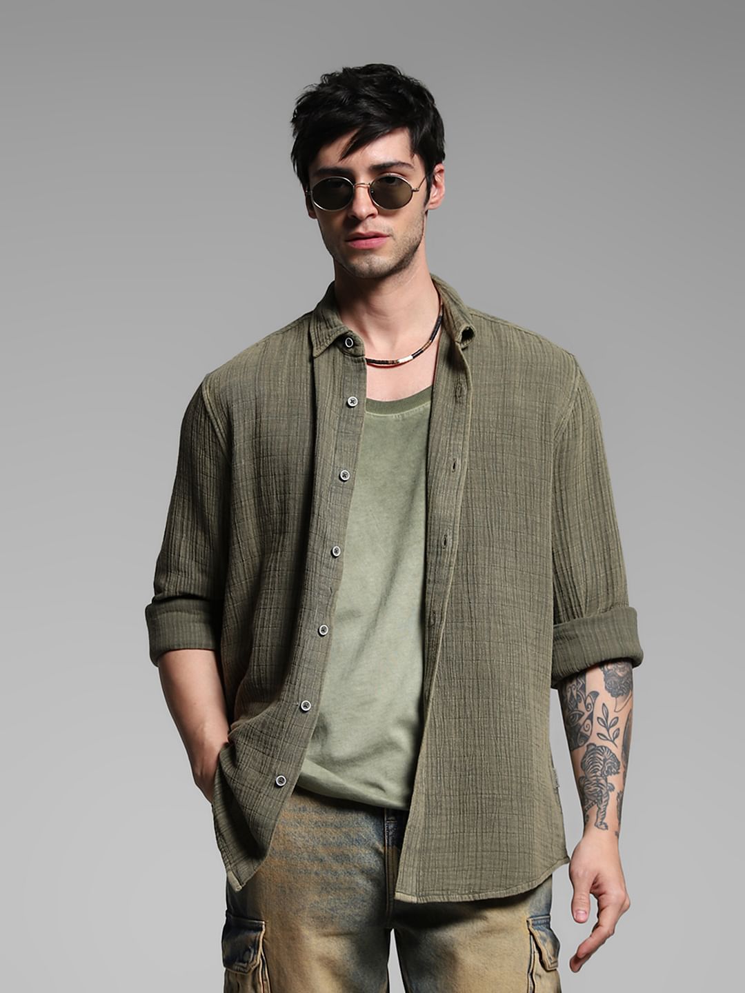 Green Acid Washed Cotton Shirt