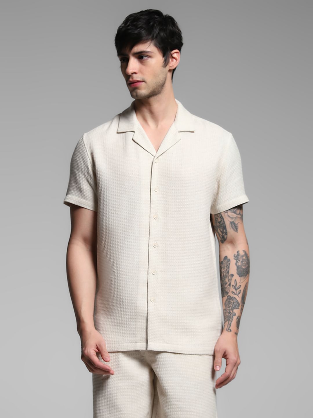 Ecru Waffle Textured Co-ord Set Shirt