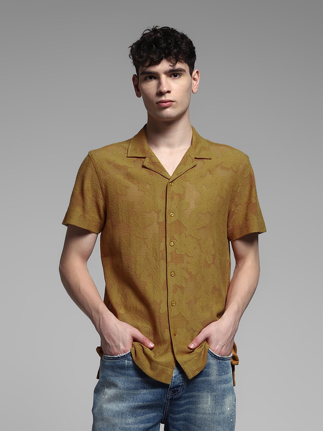 Golden Brown Jacquard Cotton Shirt