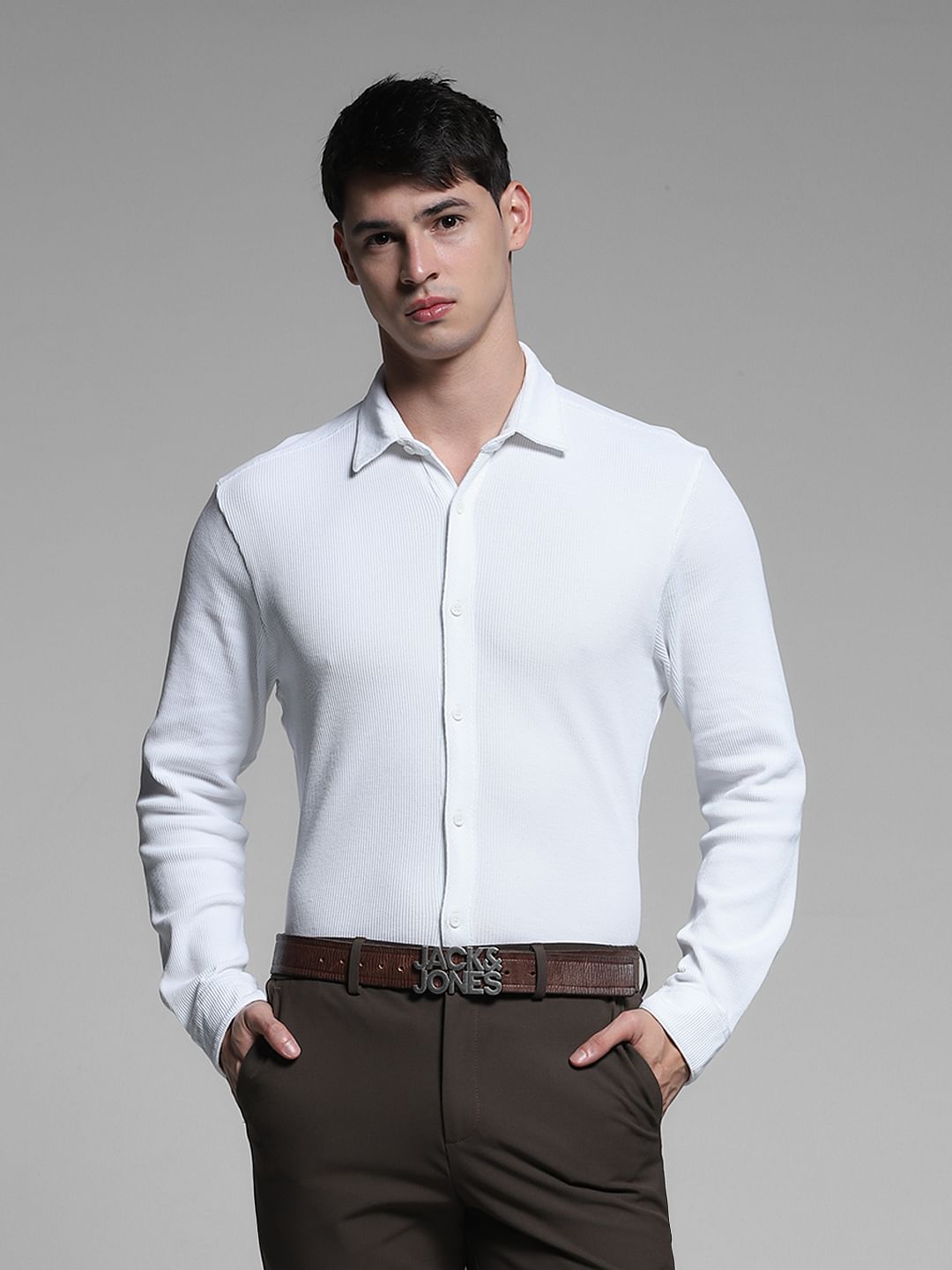 White Knitted Slim Fit Shirt