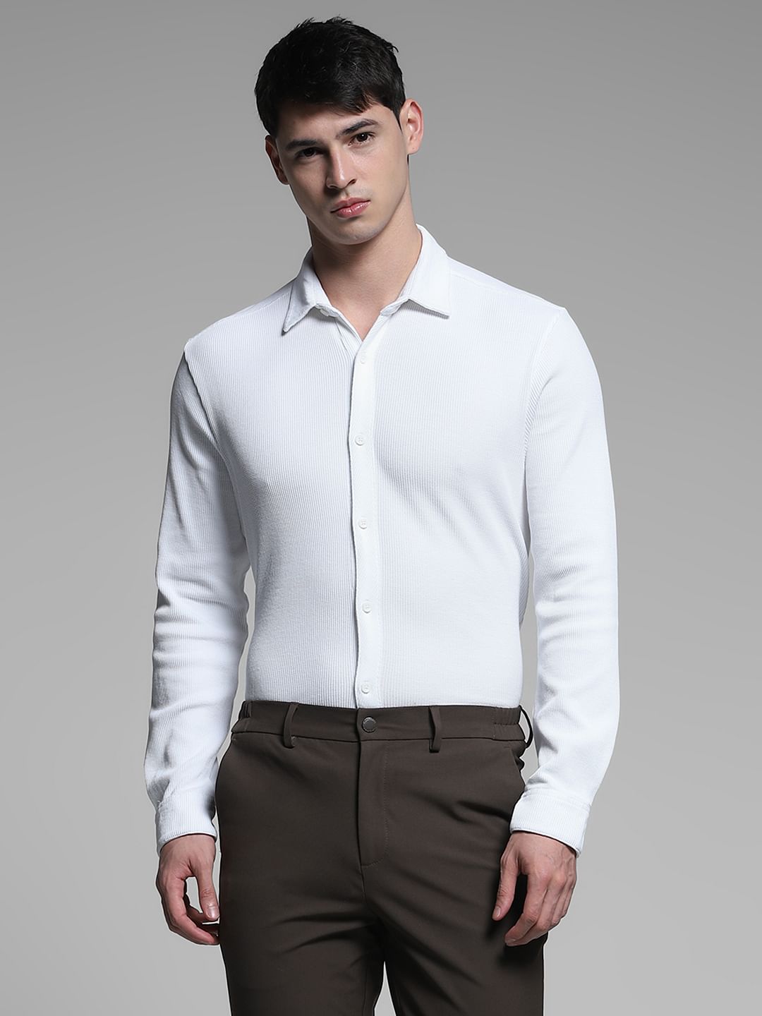 White Knitted Slim Fit Shirt
