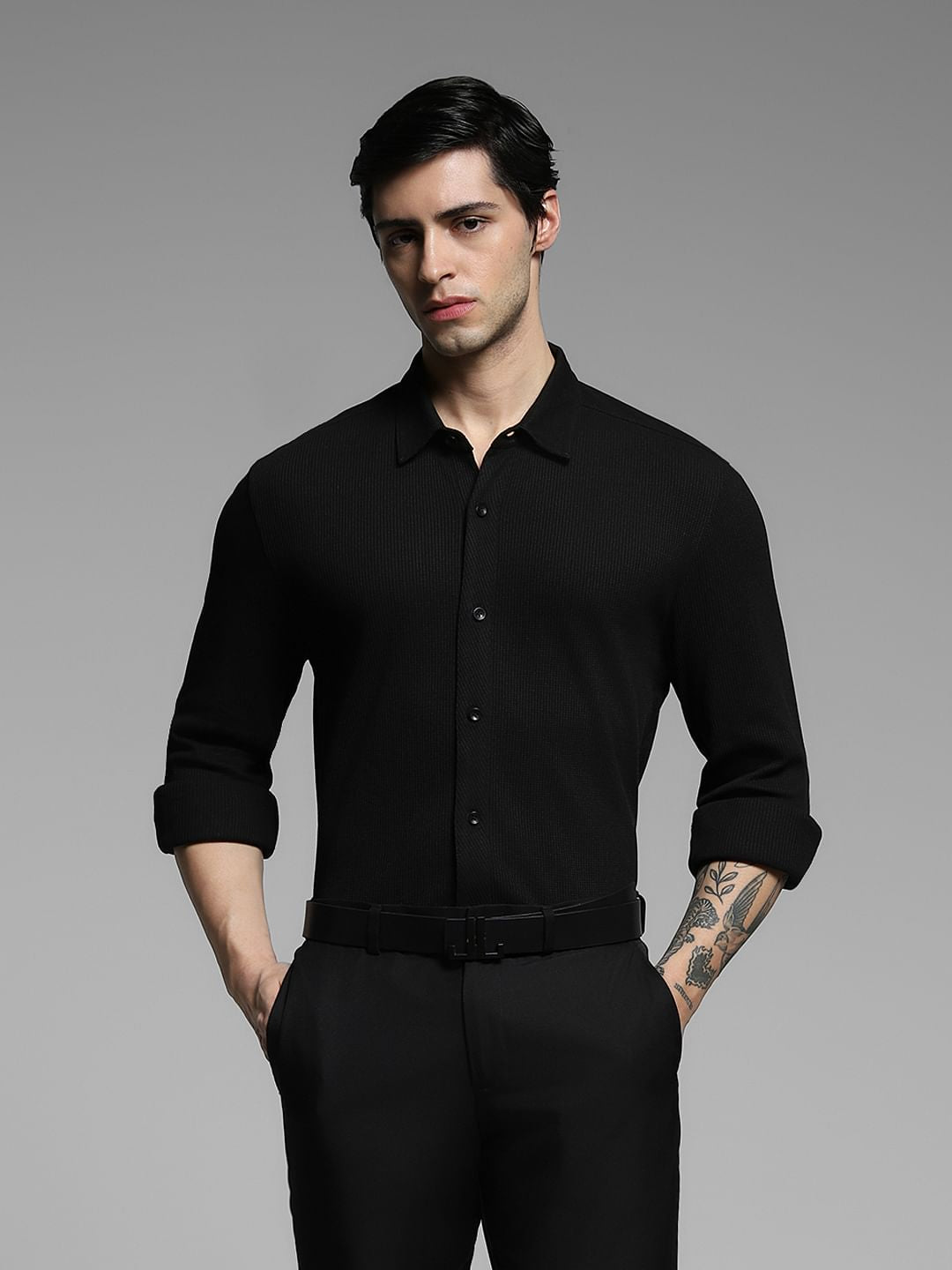 Black Knitted Full Sleeves Shirt