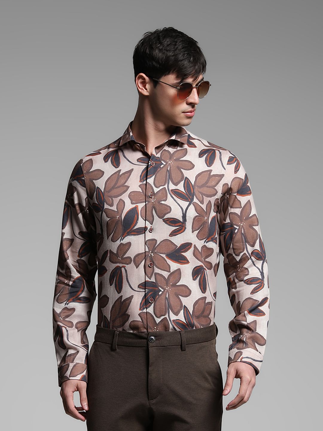 Brown Floral Lyocell Linen Shirt