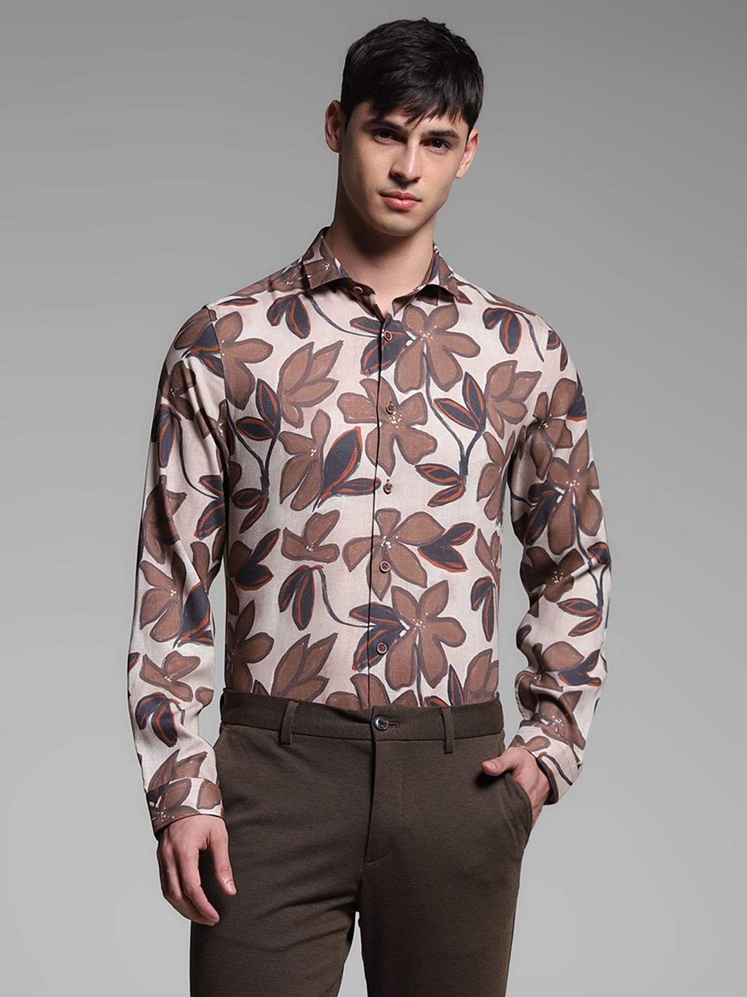 Brown Floral Lyocell Linen Shirt